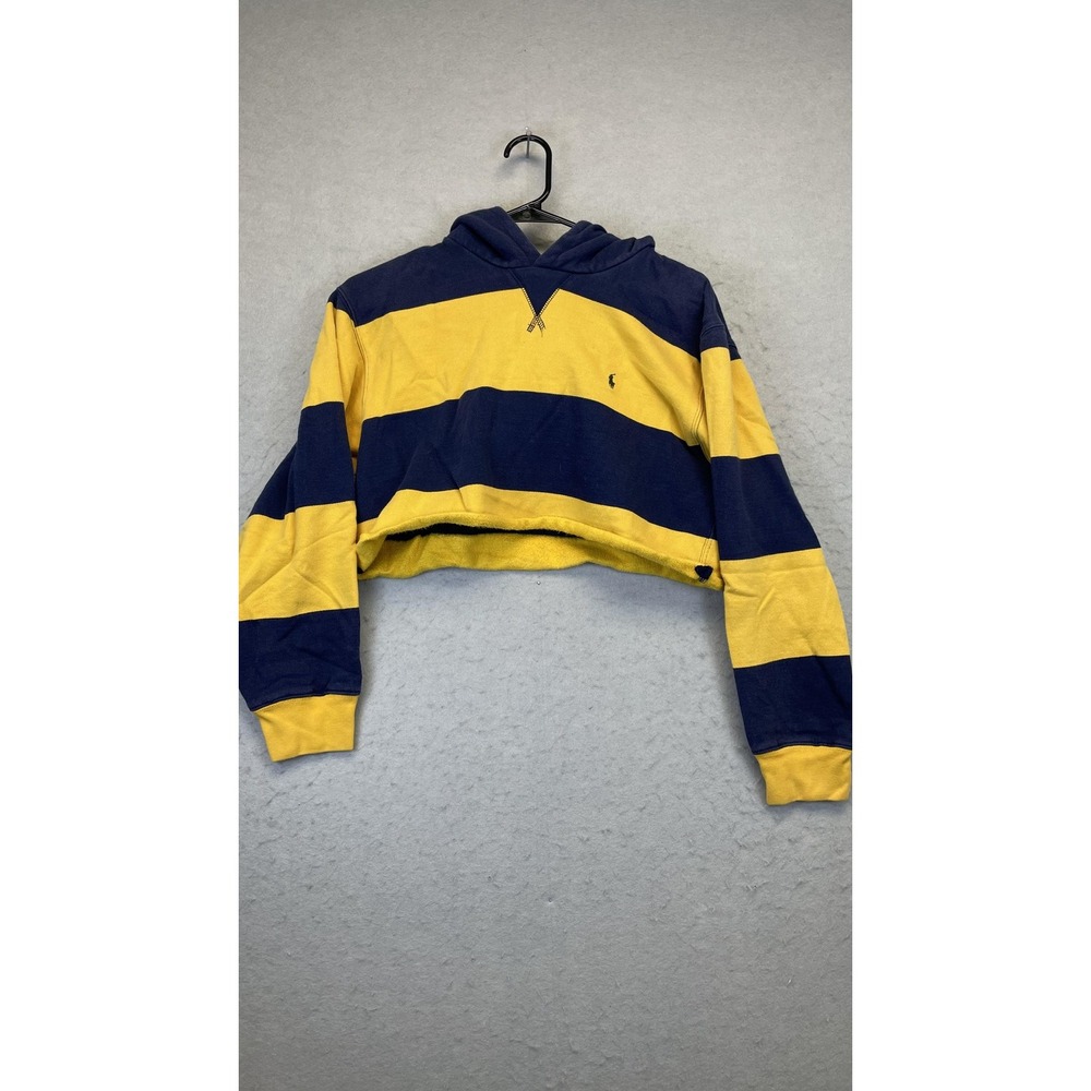 Polo Ralph Lauren Crop Top‎ Youth XL Navy Yellow Rugby Stripe Cropped Pony Logo